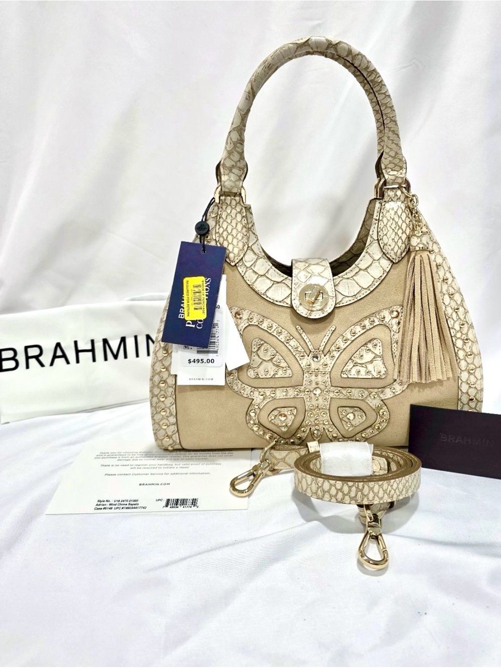 Brahmin Adrian Wind Chime Sapelo Cream-Beige Butterfly Leather Handbag Satchel